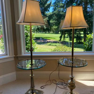 Vintage Brass Floor Lamps Featuring Intergrated Glass Bedside Tables 