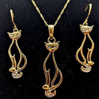 10K Gold Cat Necklace and Earrings Set, 14K Italian Chain