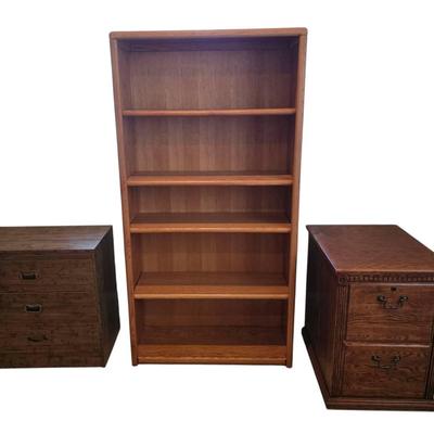 Wooden Bookshelf, Filing Cabinet, & 3-Drawer Chest