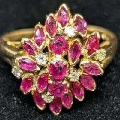 14K Cluster Ring with Diamonds & Red Stones