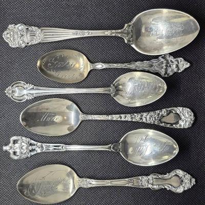Set of 6 Spoons, Including Antique 1905 Sterling Engraved Spoon