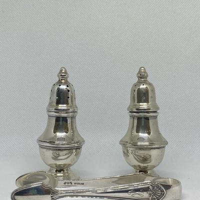 Sterling Silver Salt And Pepper Shaker And Sugar Cube Tong