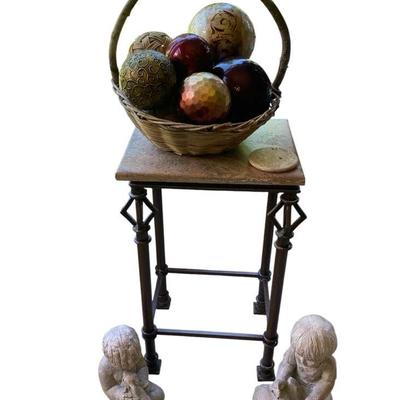 Marble Table, 2 Austin Prod Vintage Clay Statues, & Basket of Decorative Balls 