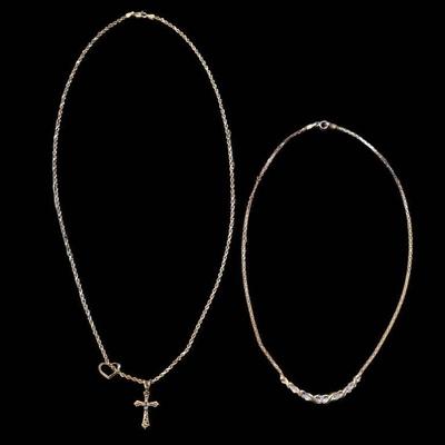 2 Delicate 10k Gold Necklaces, Cross & Crescent Design
