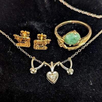 18K Gold & Diamond Necklace, 18K Gold Post Earrings, 14K Ring