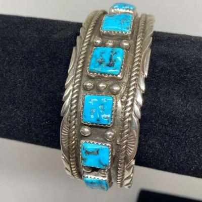 9 Square Turquoise Stone Sterling Silver Braclet