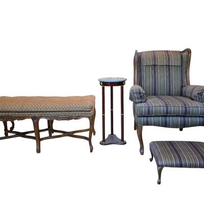 Armchair with Footstool, Ornate Bench and Side Table