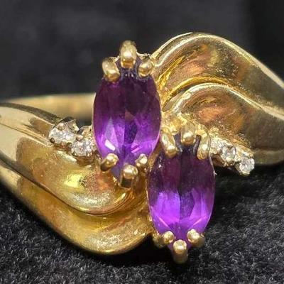 10k Gold Ring with 2 Violet Marquise Stones