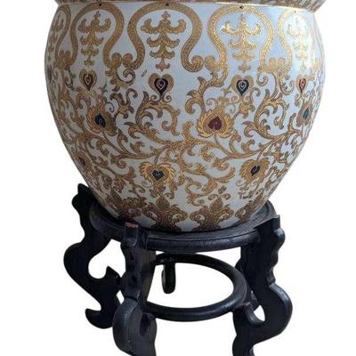 Chinese Porcelain Goldfish Bowl Planter with Dragon Tree