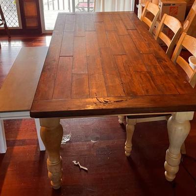 AAE060 - Dark Oak Finish Wood Farmhouse Dining Table, Three Wood Chairs, and a Bench