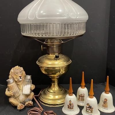 Vintage Metal And Glass Lamp, Hummel Bells And Lion Salt/pepper