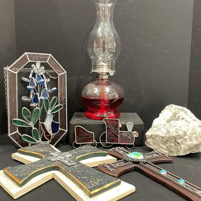 Decorative Decor : Oil Lamp, Crosses, Geode, Small Stain Glass