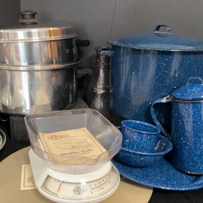 Saladmaster Cookware, Blue Speckled Enamelware & More