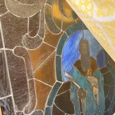 Sale Photo Thumbnail #49: St. JOSEPH VINTAGE STAINED GLASS IN WOOD FRAME. We will display this in better light outside of the garage to fully appreciate it's beauty.