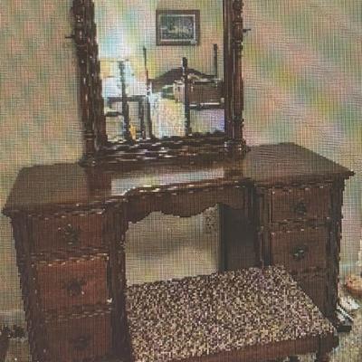 Sale Photo Thumbnail #77: Antique 6-Drawer Makeup Vanity w/ Stool