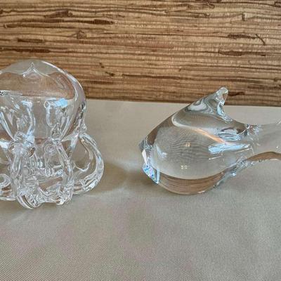 Spode Glass Whale And Blown Glass Octopus Paperweight 