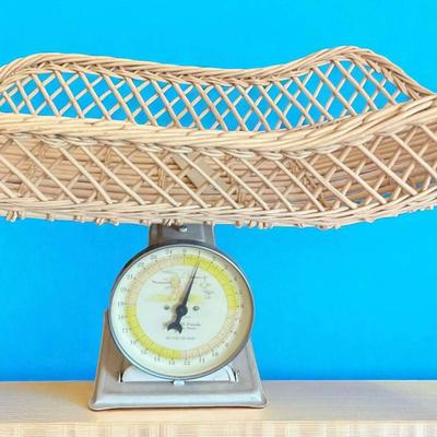 Vintage Metal And Wicker Baby / Infant Basket Scale