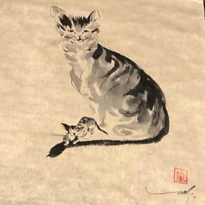 Cat Ink Sketch on Rice Paper Signed By Artist 