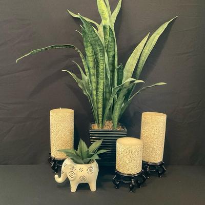 Embellished Pillar Candles & Faux Foliage Decor