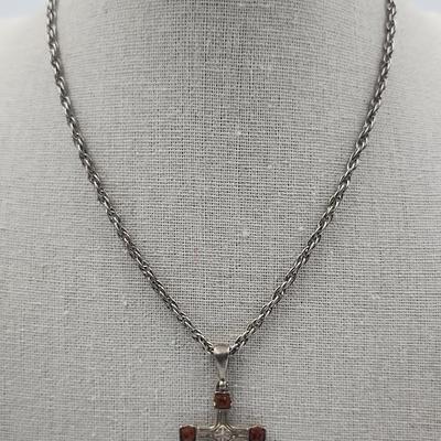Sterling Cross wirh Amber on a Thick Sterling Chain