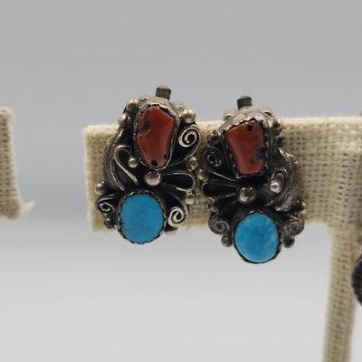 Vintage Turquoise and Coral Sterling Clip Ons