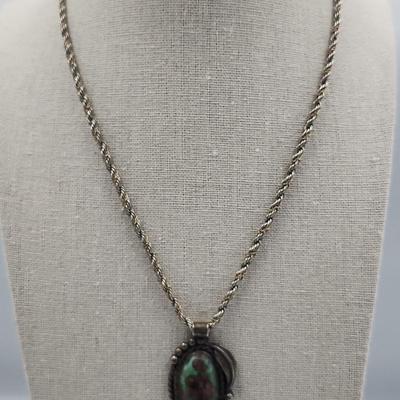 Vintage Native American Sterling Green Turquiose Pendant On Thick Sterling Chain