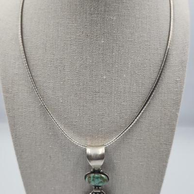  Ative American Artist Signed Sterling And Turquoise Pendant On Sterling Flat Chain