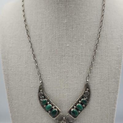 Sterling and Natural Malchite Native American Necklace