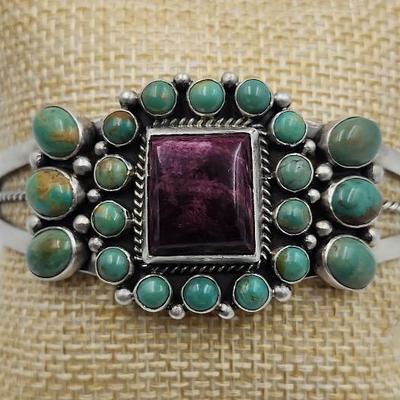 Gorgeous Artist Signed Navajo Cuff Sterling Bracelet with Gemstones