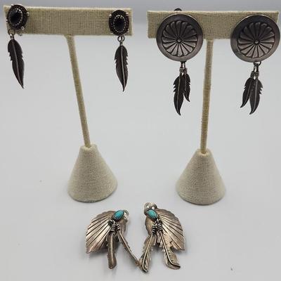 Native American Sterling Feathers, Turquoise and Gemstones