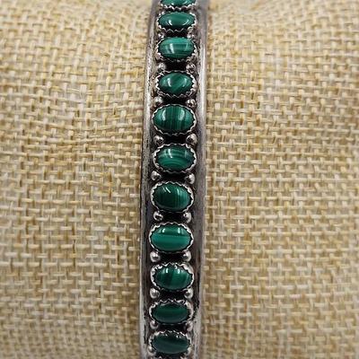 Native American Artist Signed Sterling Bracelet with Turquoise 