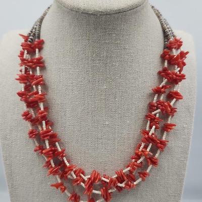 Native Coral and Heishi Beaded Necklace