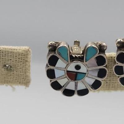 Native American Unmarked Sterling Coral, Turquoise, Coral And Onyx