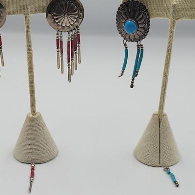 Sterling And Stone Beaded Earrings Native American - Stamped
