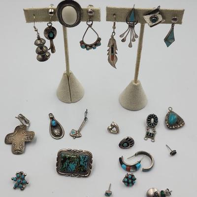 Native Turquoise and Gems Unmarked Sterling Single Earrings