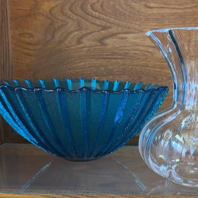 Wedgwood Glass Vase & Blue Ribbed (Blenko?) Bowl