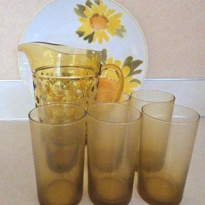 Amber-Gold Glassware/Mikasa Cera-Stone "Dolly"/Hazel Atlas Thumbprint Amber Pitcher. 
