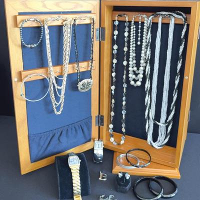 Classic Gold & Silver Costume Jewelry Lot - comes with swiveling jewelry storage box