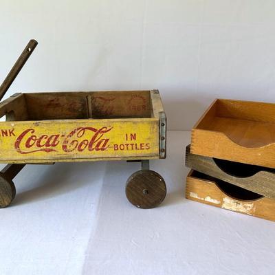 Vintage Coca Cola Wooden Crate Wagon & Wooden Letter/Paper Trays (Set Of 3)