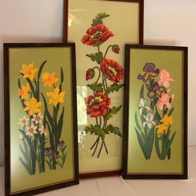 Three Beautiful Handstitched Flowers In Frames
