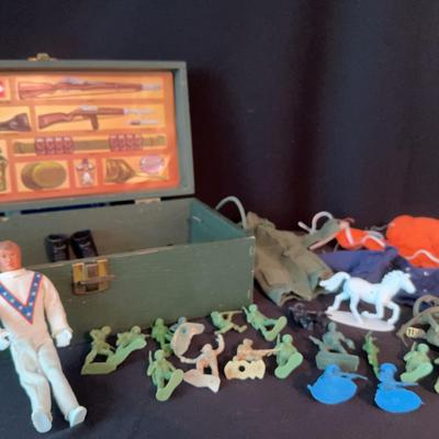 Vintage G.I. Joe Wooden Box With Clothing, Green Army Man, And More