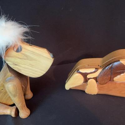 Vintage Wooden Dog Figure And Unique Jewelry Box
