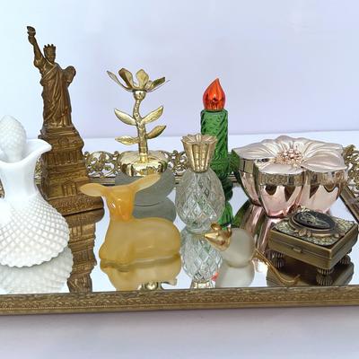 Vintage Mirror Trey With Collectible, Perfume Bottles, And Small Trinkets