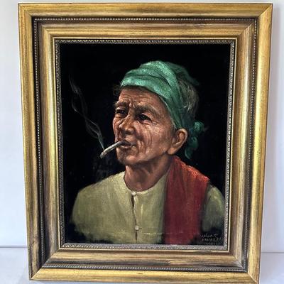 Oscar T Navarro Oil On Black Velvet Framed Painting 1960s Untitled (Portrait Of Man With Cigarette)