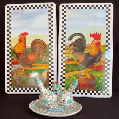 Vintage Italian Pottery Oil & Vinegar Cruet Set & Roster Deco Metal