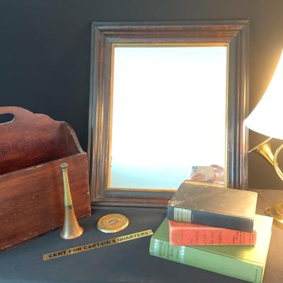Library Vibes, Brass And Wood Lot Of Antique Books, Lamp, Wooden Magazine, Rack, And More