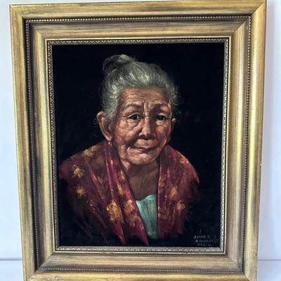 Oscar T Navarro Oil On Black Velvet Framed Painting 1960s Untitled (Portrait Of Elderly Woman)