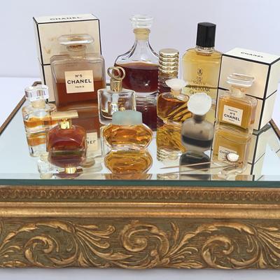 Wooden And Beveled Mirror With Collection Of Mini Perfume Bottles