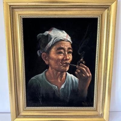 Oscar T Navarro Oil On Black Velvet Framed Painting 1960s Untitled (Portrait Of Man With Pipe)