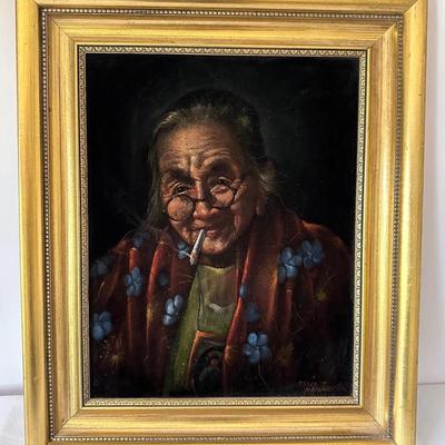 Oscar T Navarro Oil On Black Velvet Framed Painting 1960s Untitled (Portrait Of Woman Smoking)